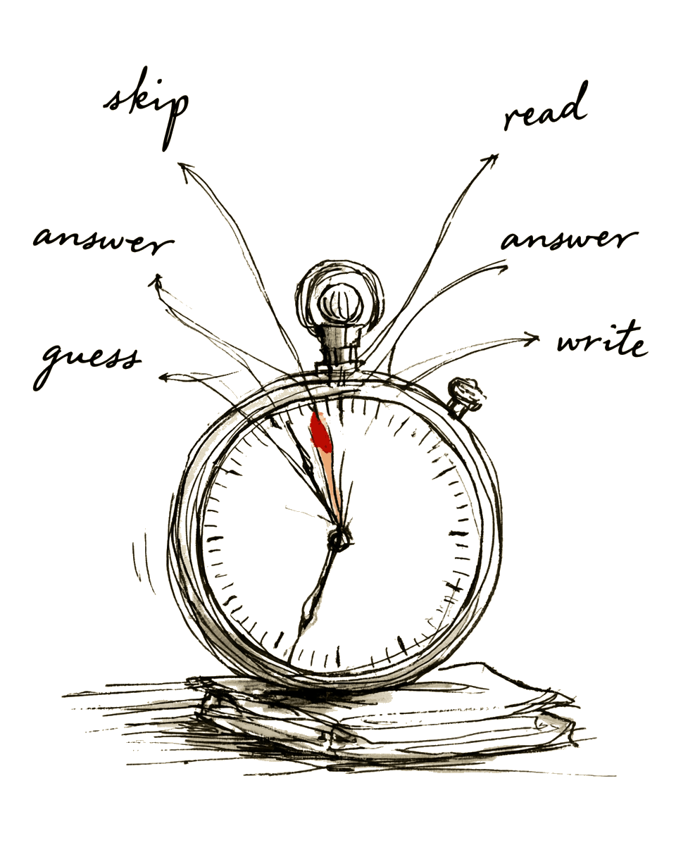 Hand-drawn stopwatch with arrows pointing outward to handwritten options.